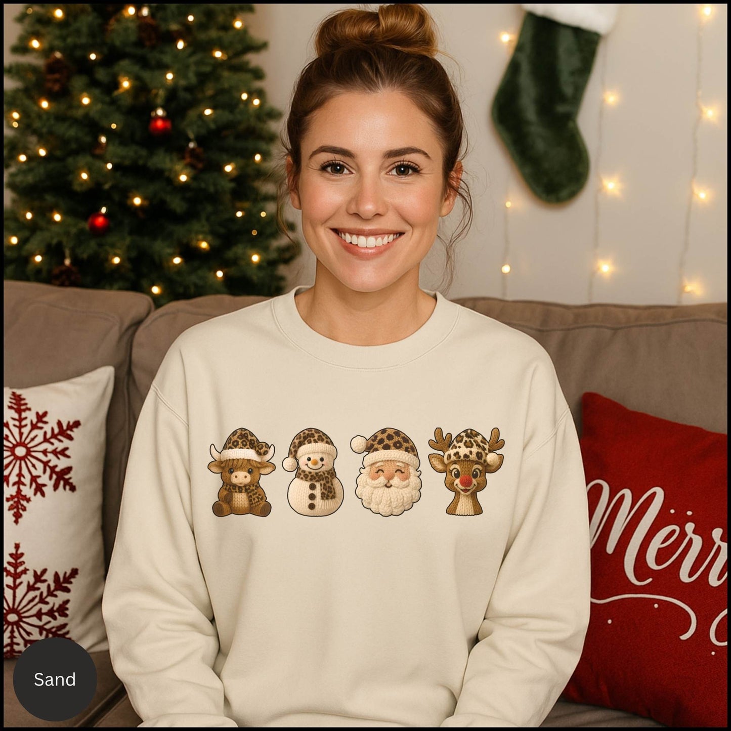 Leopard Christmas Crew Sweatshirt, Cow Snowman Santa Reindeer Sweater, Neutral Western Holiday Pullover