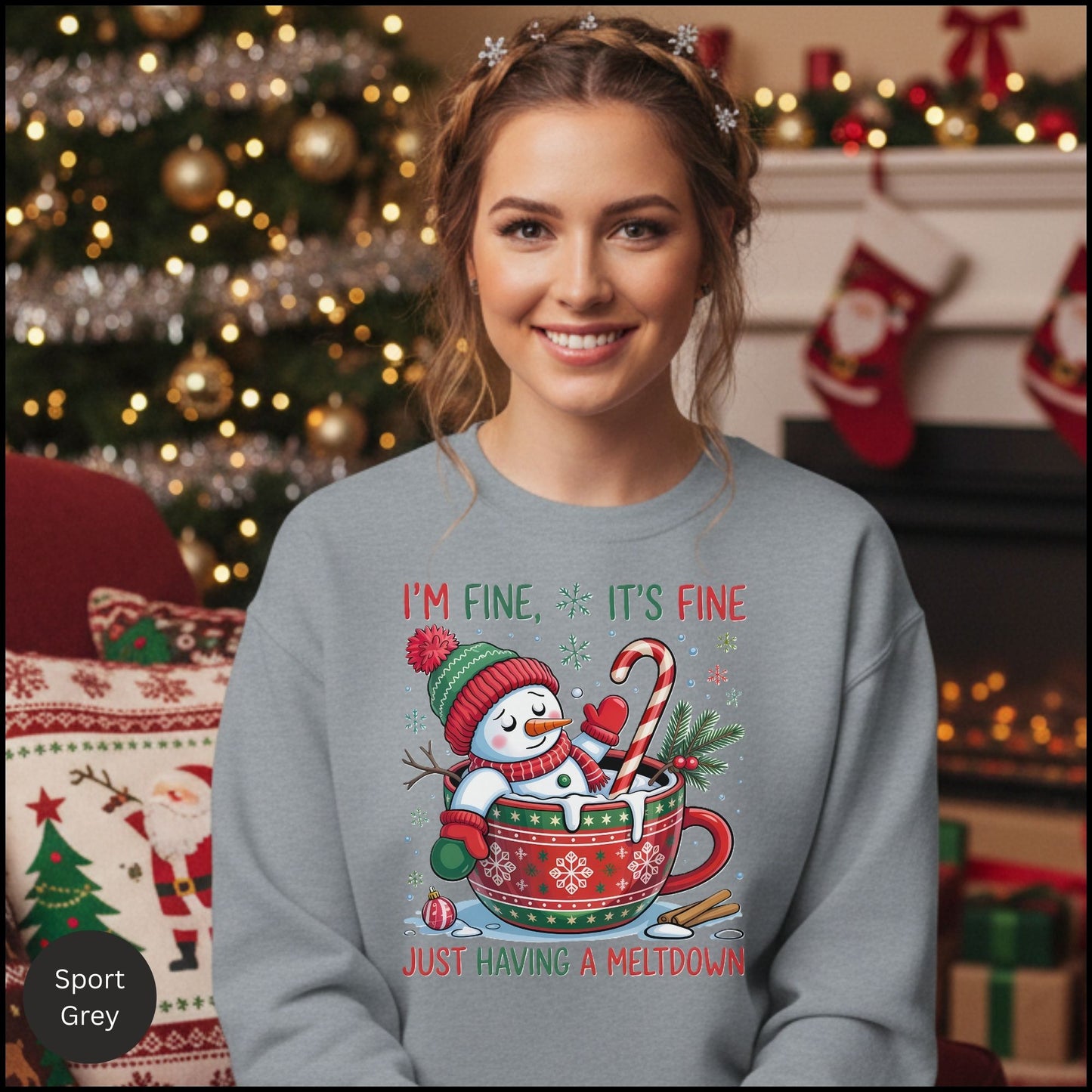 Crewneck Sweatshirt - "I'm Fine, It's Fine" Melting Snowman Holiday Design