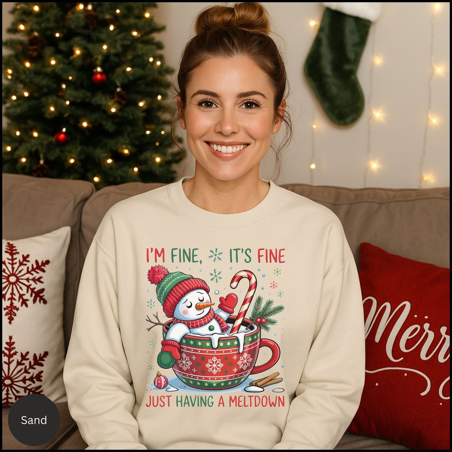 Crewneck Sweatshirt - "I'm Fine, It's Fine" Melting Snowman Holiday Design