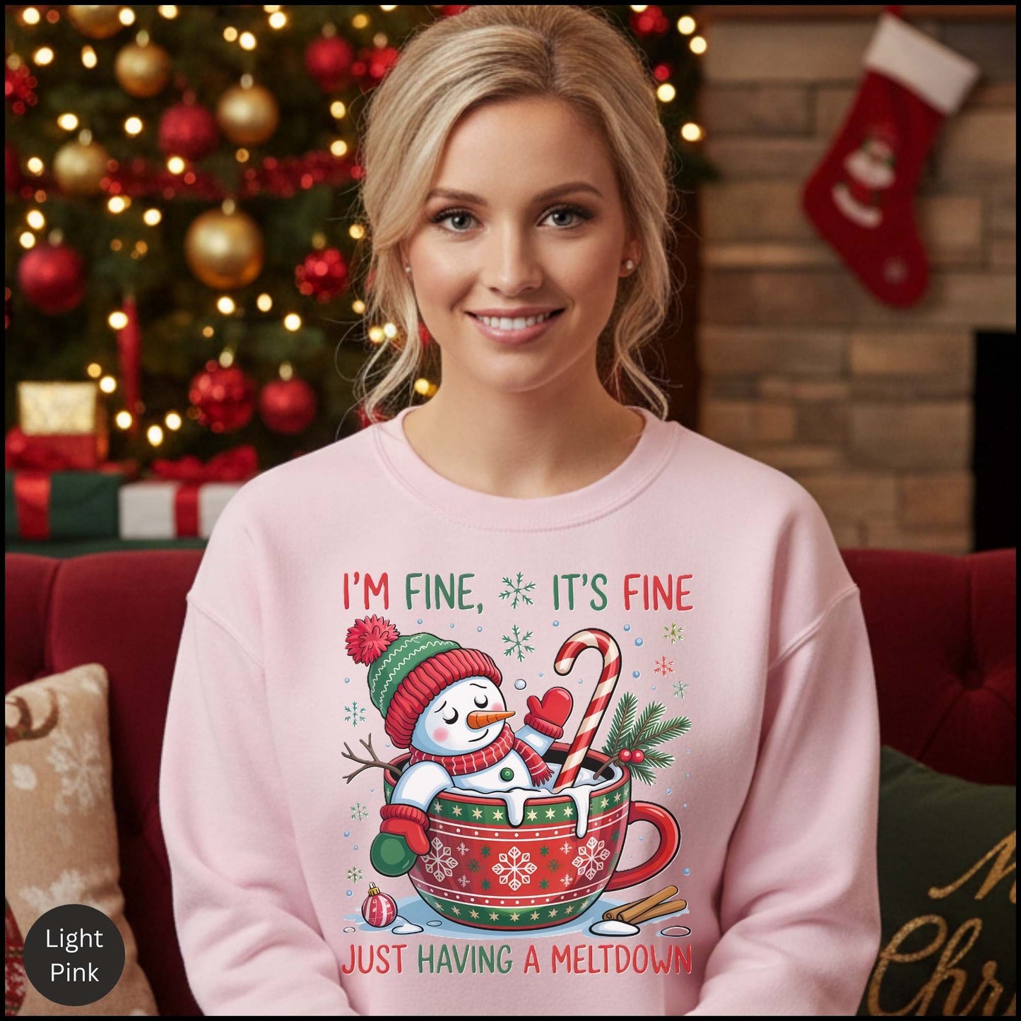 Crewneck Sweatshirt - "I'm Fine, It's Fine" Melting Snowman Holiday Design