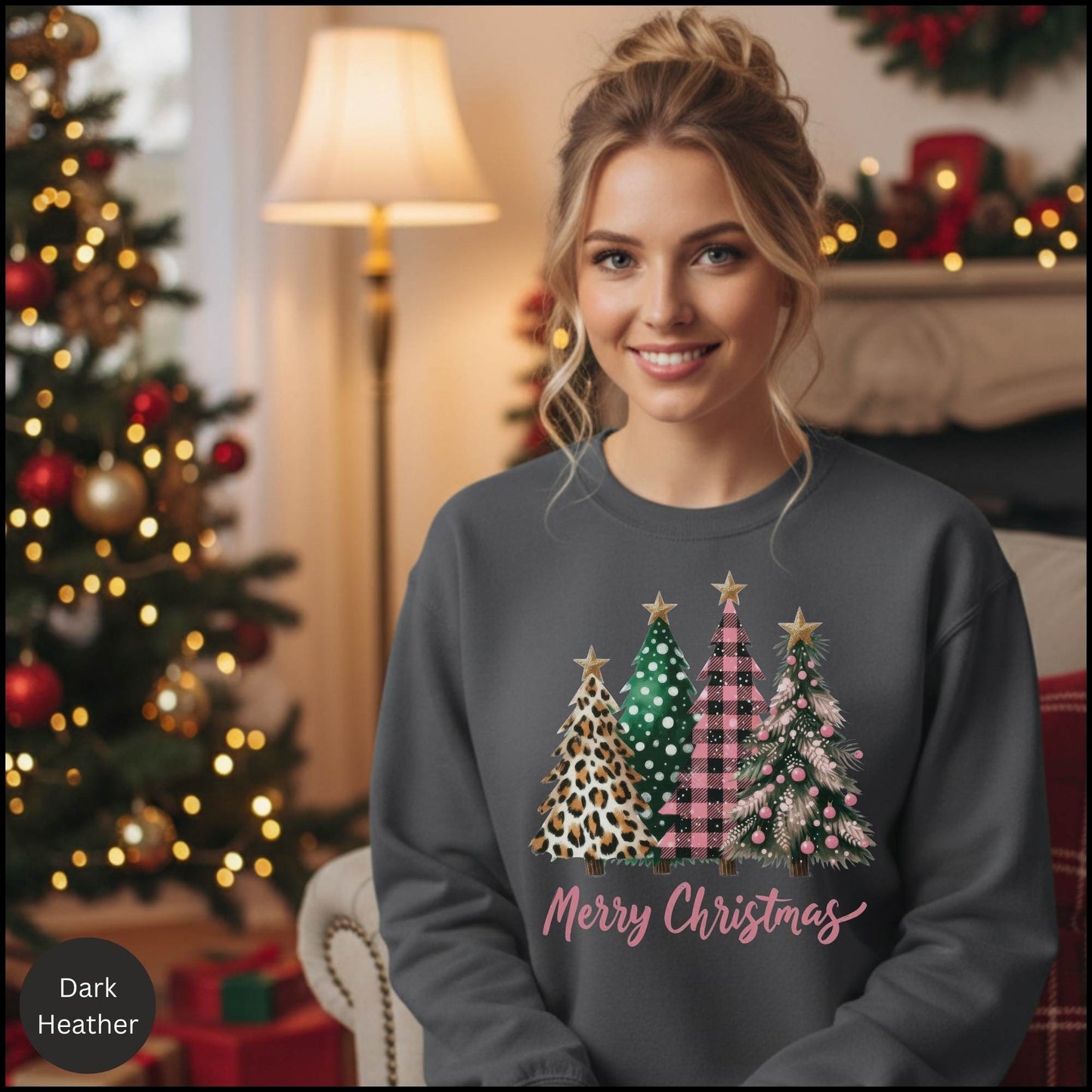 Christmas Tree Sweatshirt – Merry Christmas Plaid & Leopard Trees Crewneck