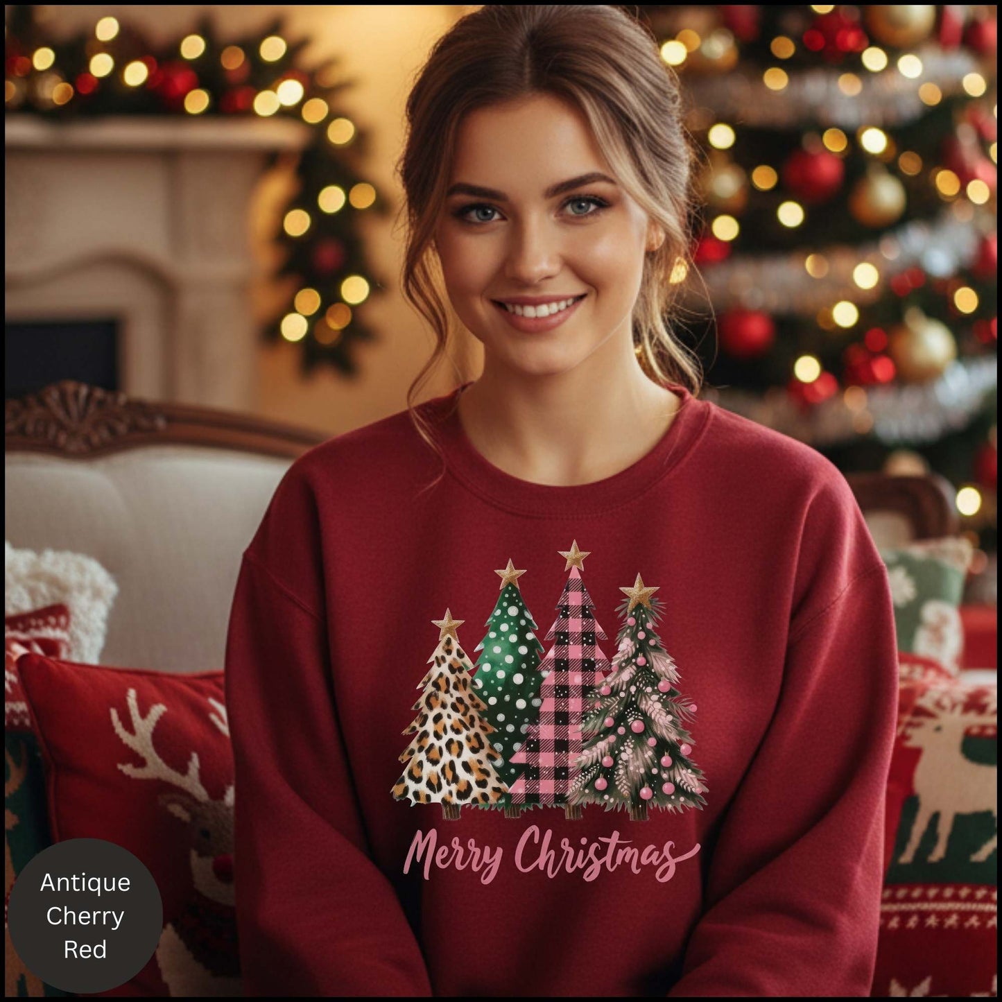 Christmas Tree Sweatshirt – Merry Christmas Plaid & Leopard Trees Crewneck