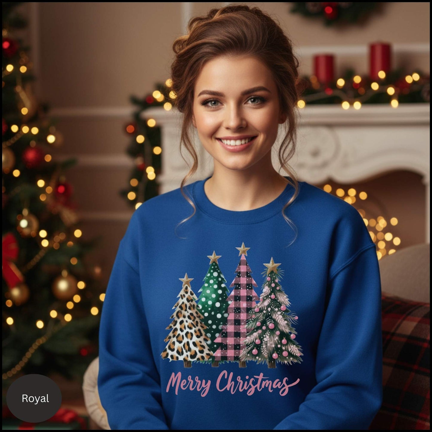 Christmas Tree Sweatshirt – Merry Christmas Plaid & Leopard Trees Crewneck