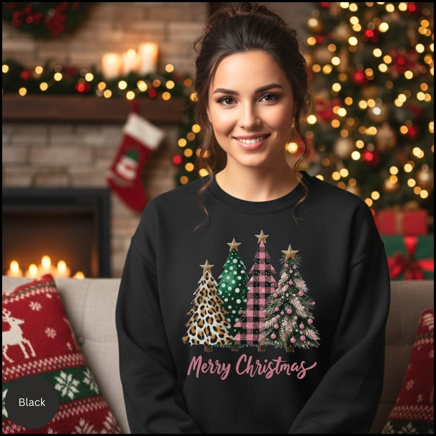 Christmas Tree Sweatshirt – Merry Christmas Plaid & Leopard Trees Crewneck