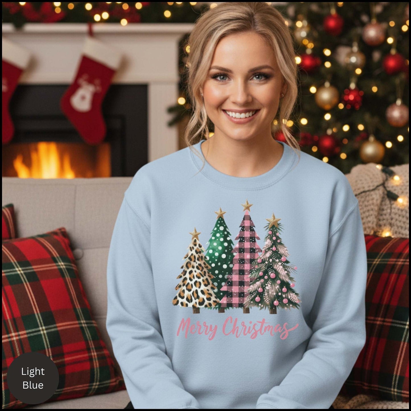 Christmas Tree Sweatshirt – Merry Christmas Plaid & Leopard Trees Crewneck