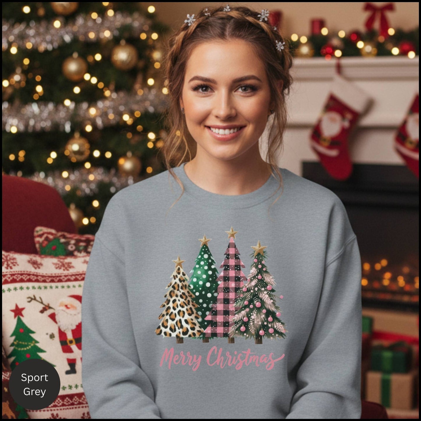 Christmas Tree Sweatshirt – Merry Christmas Plaid & Leopard Trees Crewneck