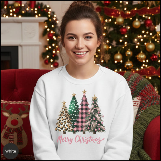Christmas Tree Sweatshirt – Merry Christmas Plaid & Leopard Trees Crewneck