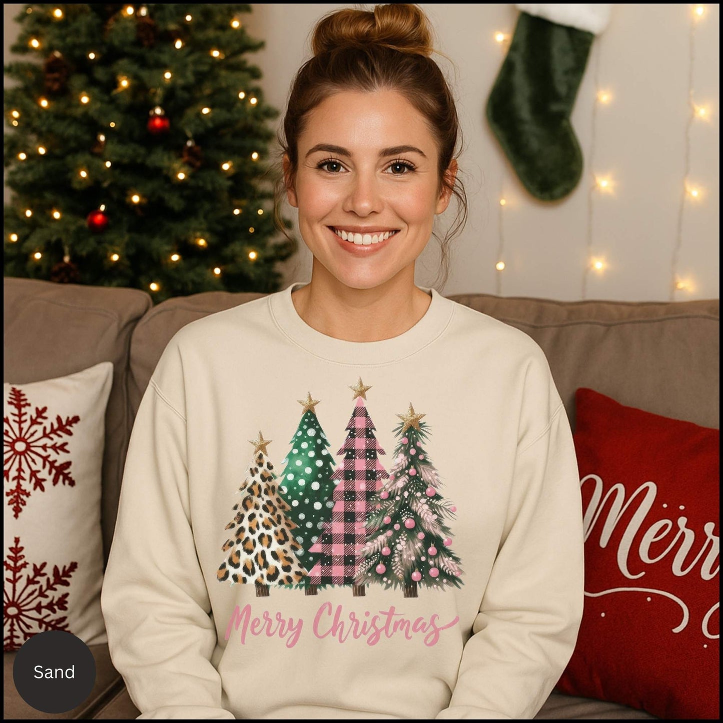 Christmas Tree Sweatshirt – Merry Christmas Plaid & Leopard Trees Crewneck