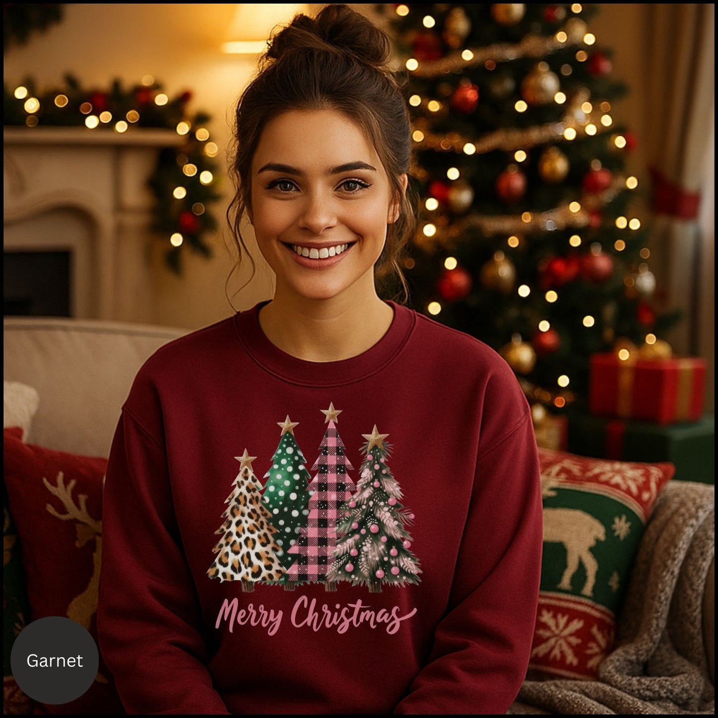 Christmas Tree Sweatshirt – Merry Christmas Plaid & Leopard Trees Crewneck