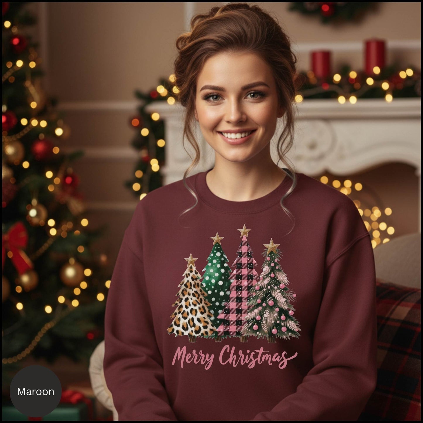 Christmas Tree Sweatshirt – Merry Christmas Plaid & Leopard Trees Crewneck