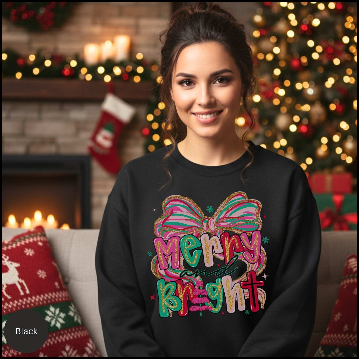Merry and Bright Crewneck Sweatshirt — Colorful Holiday Graphic