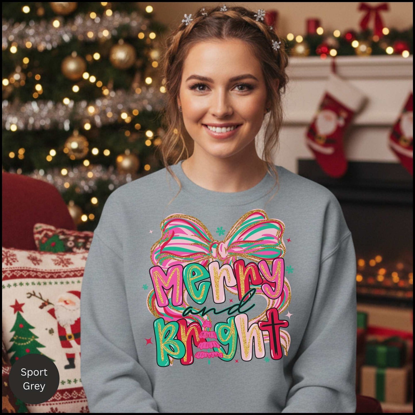 Merry and Bright Crewneck Sweatshirt — Colorful Holiday Graphic