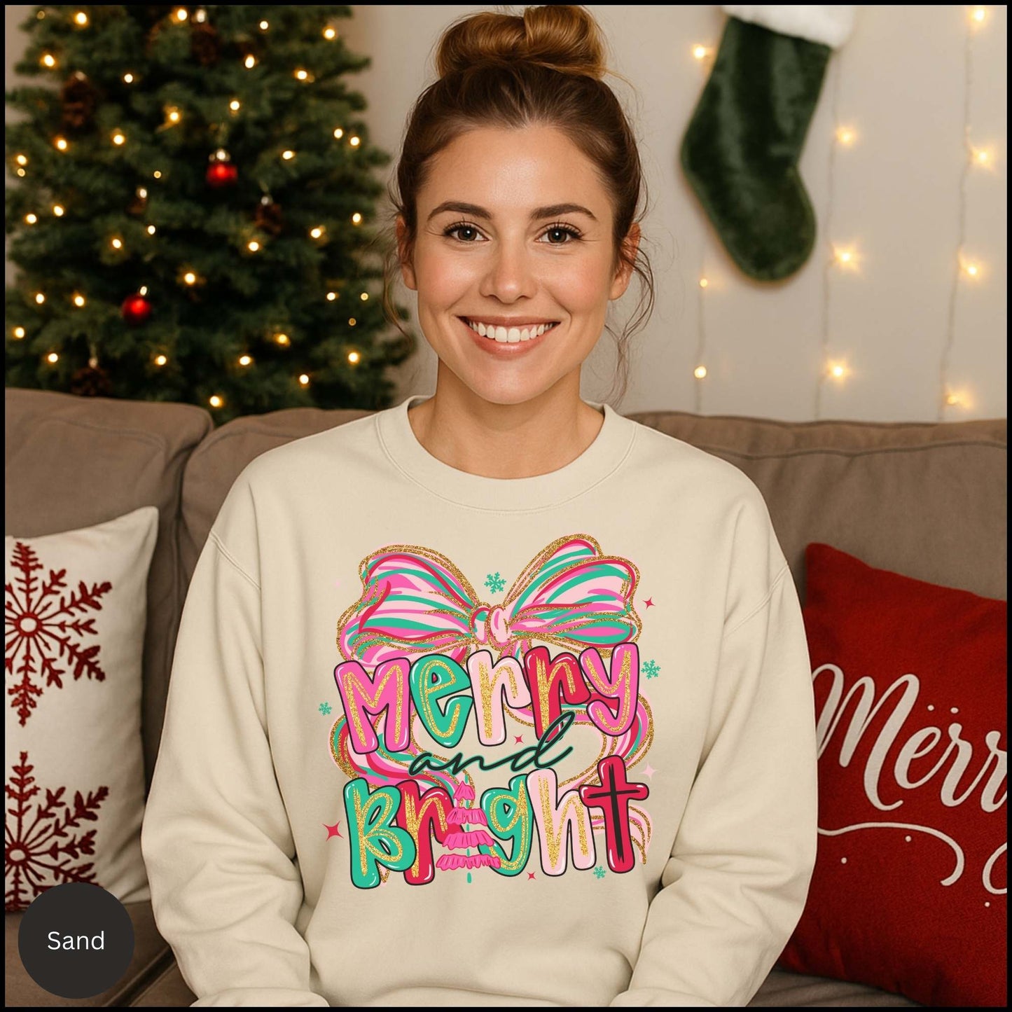 Merry and Bright Crewneck Sweatshirt — Colorful Holiday Graphic