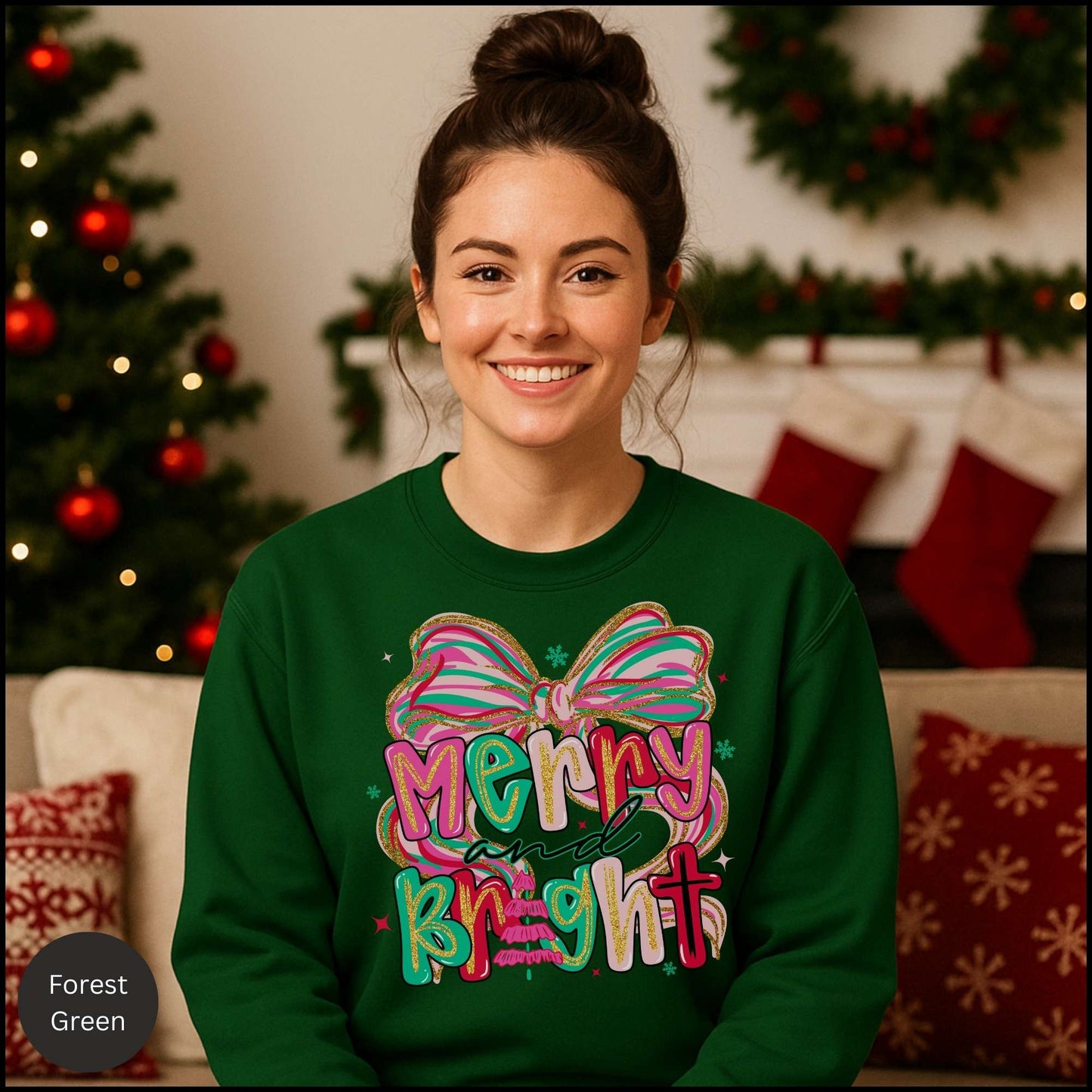 Merry and Bright Crewneck Sweatshirt — Colorful Holiday Graphic