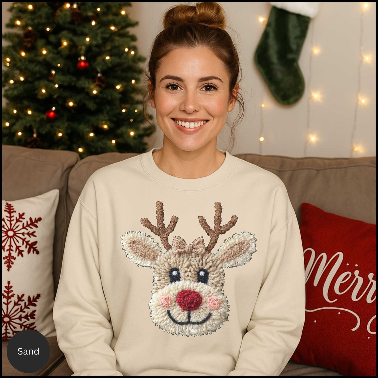 Christmas Reindeer Crewneck Sweatshirt – Cute Rudolph Face Holiday Sweater