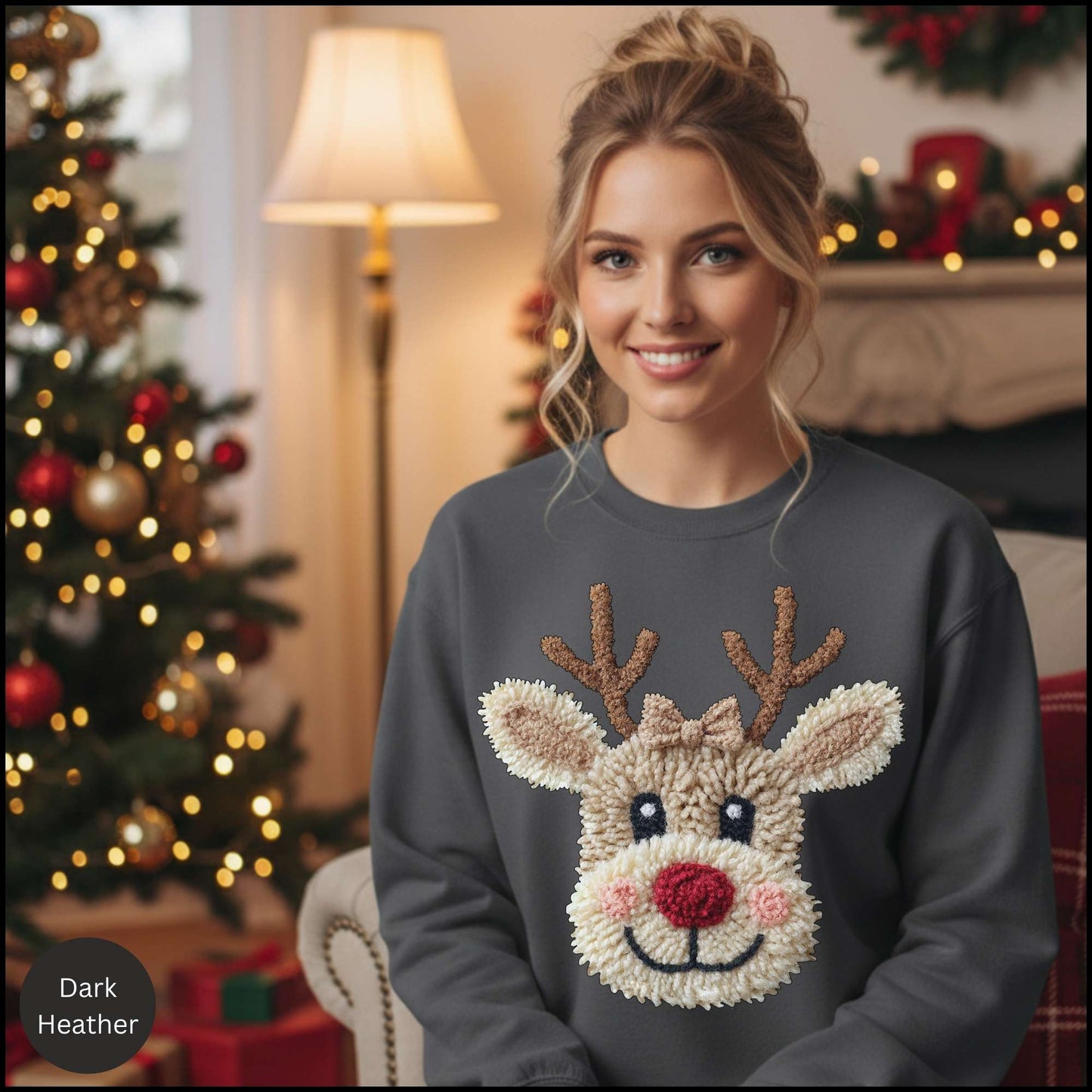 Christmas Reindeer Crewneck Sweatshirt – Cute Rudolph Face Holiday Sweater