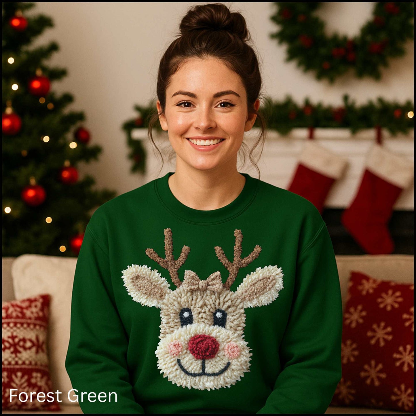 Christmas Reindeer Crewneck Sweatshirt – Cute Rudolph Face Holiday Sweater