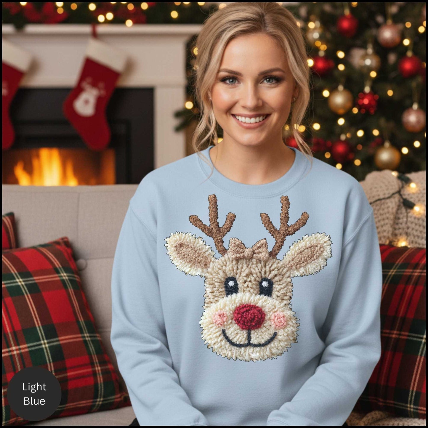 Christmas Reindeer Crewneck Sweatshirt – Cute Rudolph Face Holiday Sweater