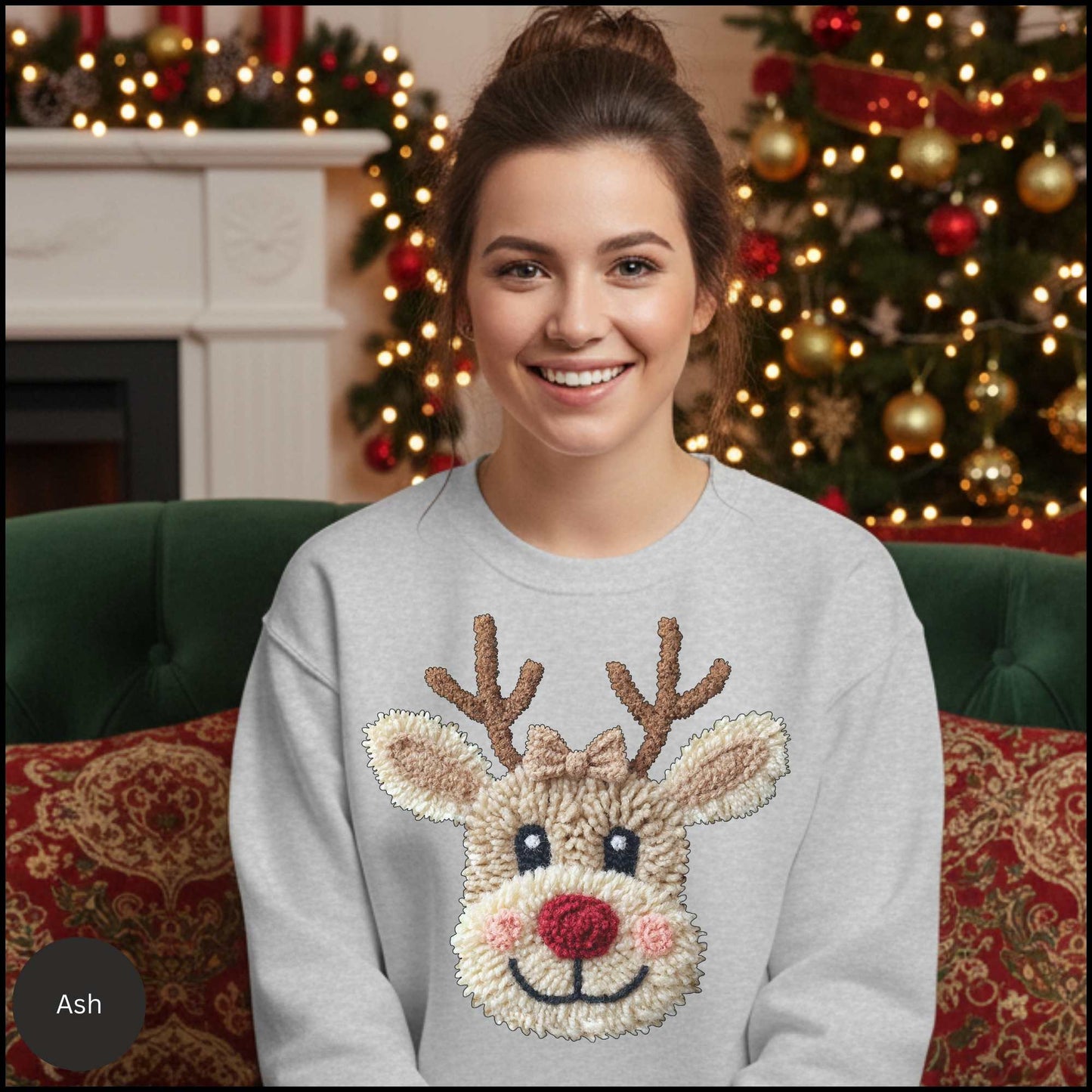 Christmas Reindeer Crewneck Sweatshirt – Cute Rudolph Face Holiday Sweater