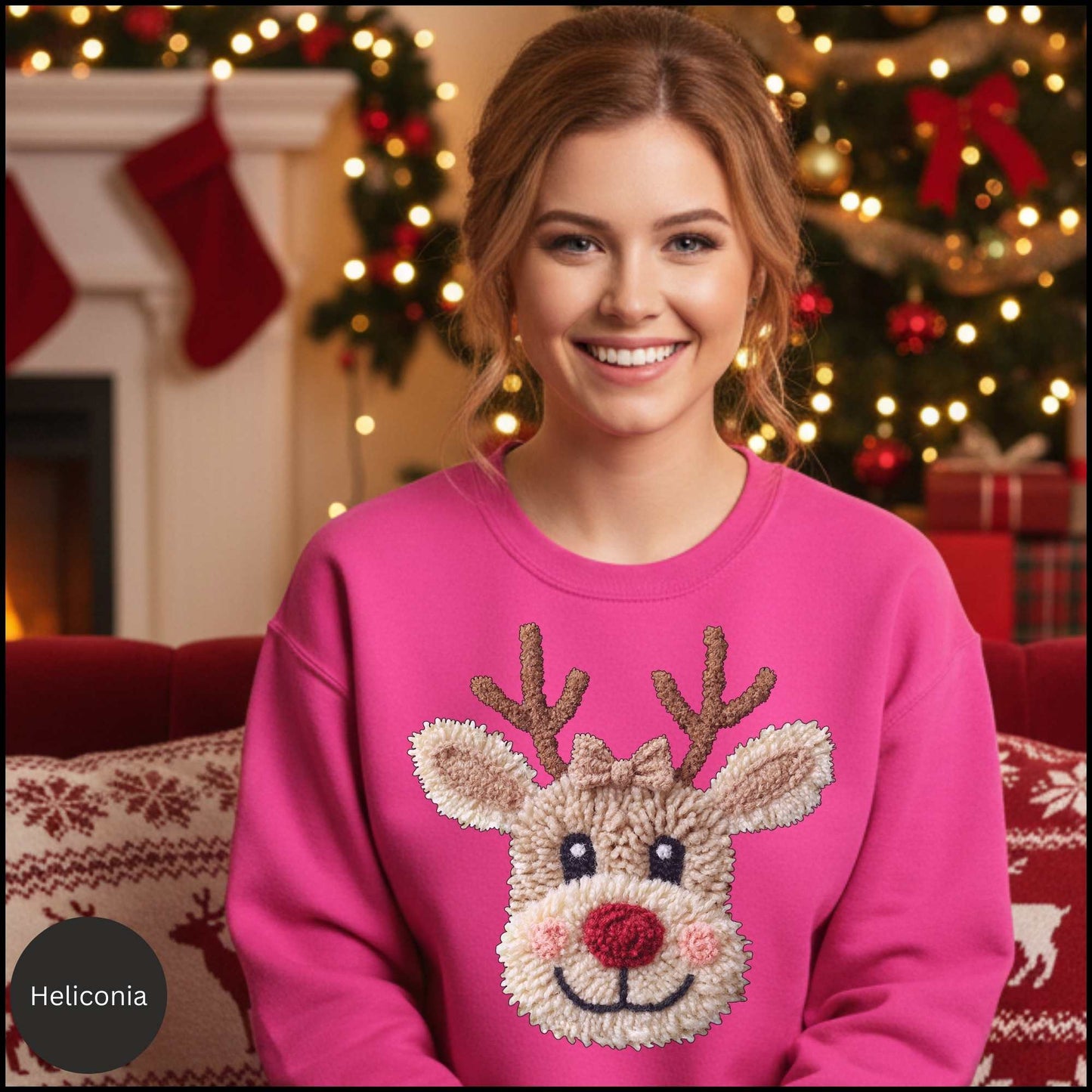 Christmas Reindeer Crewneck Sweatshirt – Cute Rudolph Face Holiday Sweater