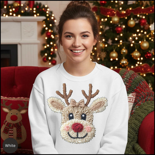 Christmas Reindeer Crewneck Sweatshirt – Cute Rudolph Face Holiday Sweater