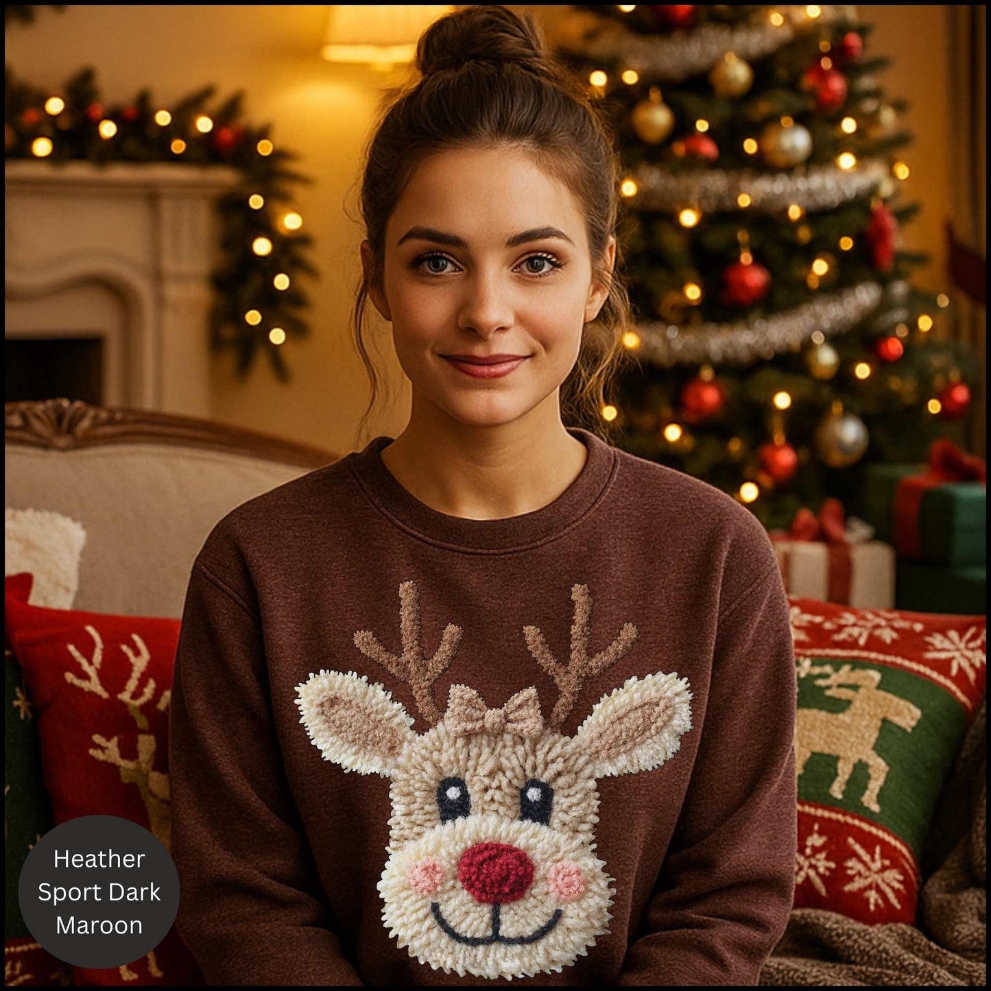 Christmas Reindeer Crewneck Sweatshirt – Cute Rudolph Face Holiday Sweater