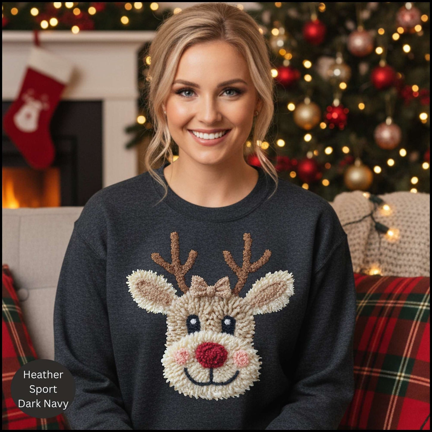 Christmas Reindeer Crewneck Sweatshirt – Cute Rudolph Face Holiday Sweater