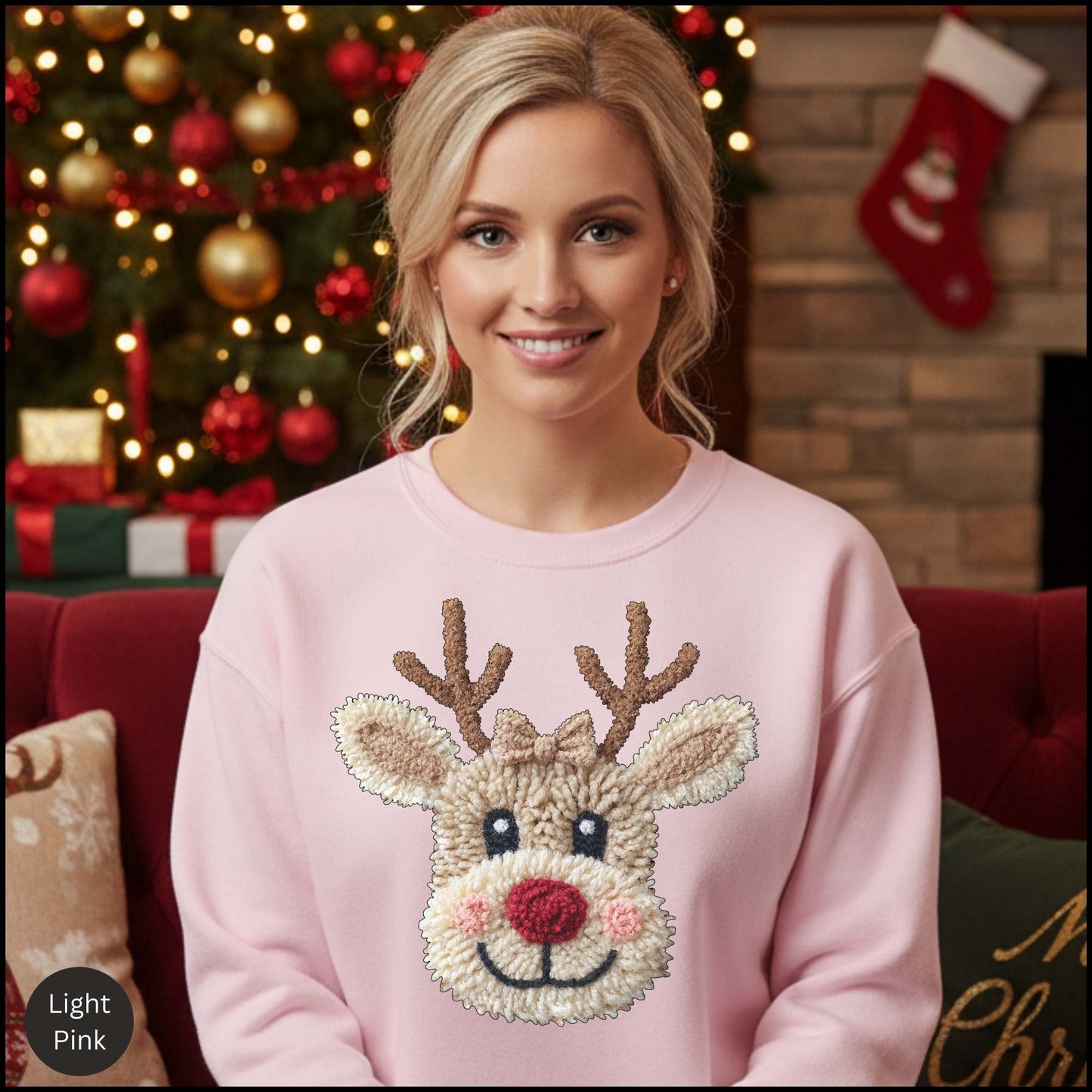 Christmas Reindeer Crewneck Sweatshirt – Cute Rudolph Face Holiday Sweater