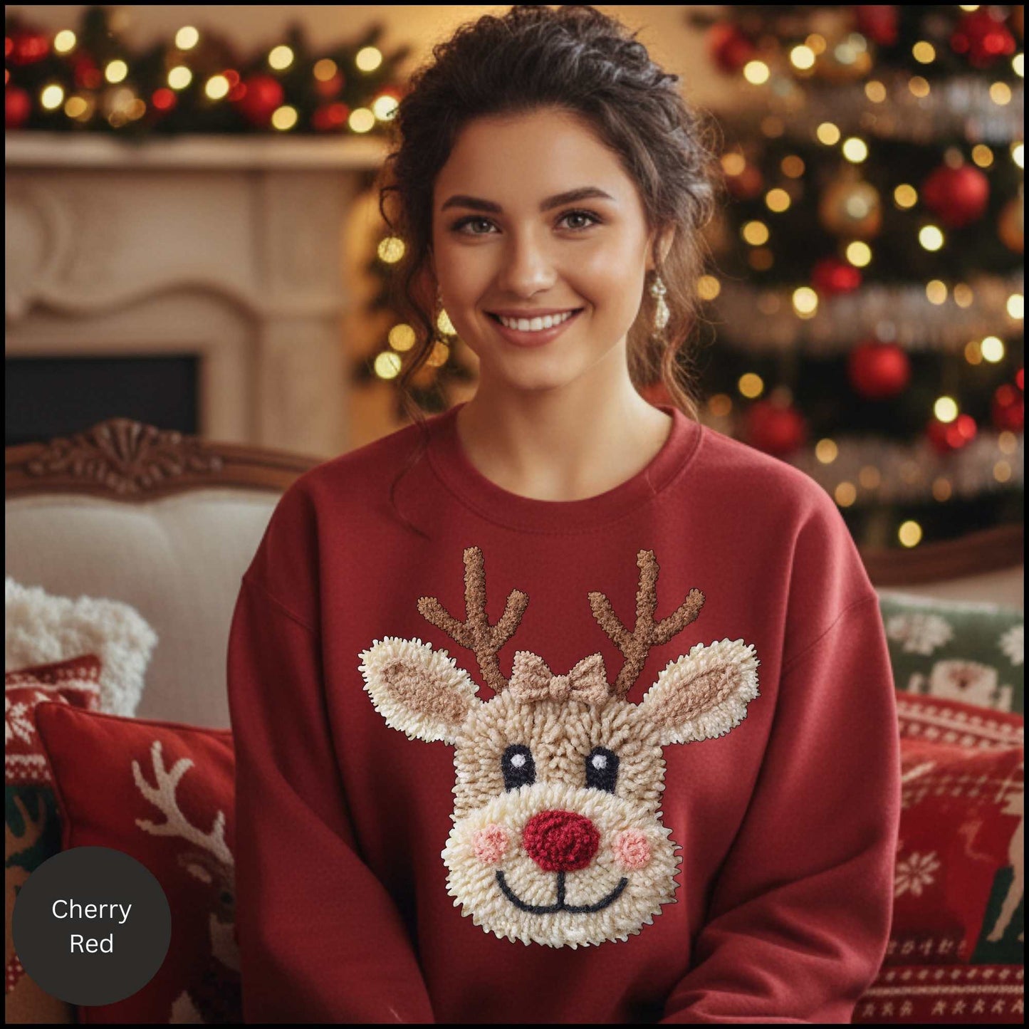 Christmas Reindeer Crewneck Sweatshirt – Cute Rudolph Face Holiday Sweater