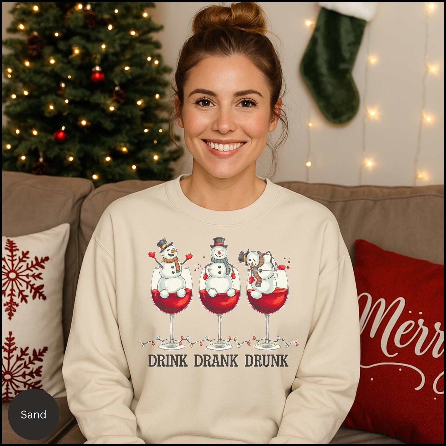 Drink Drank Drunk Christmas Sweatshirt — Snowman Wine Holiday Crewneck