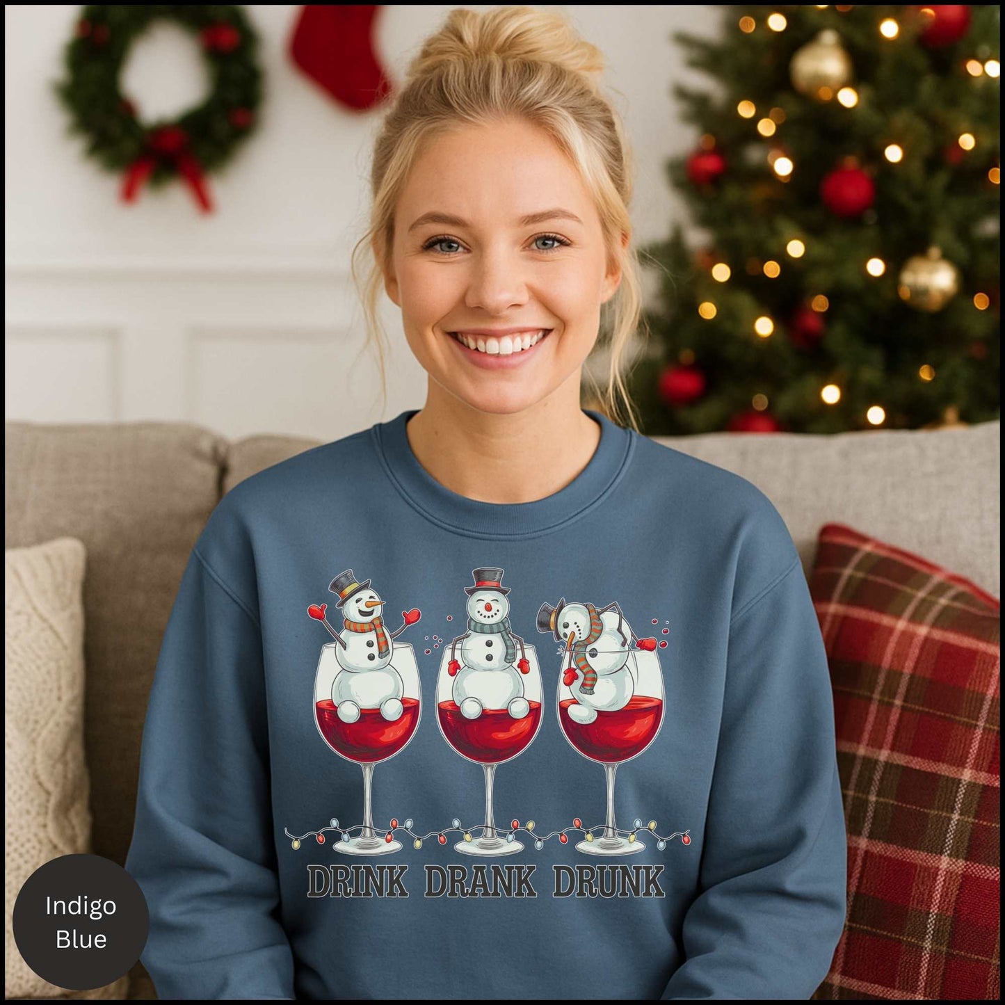 Drink Drank Drunk Christmas Sweatshirt — Snowman Wine Holiday Crewneck