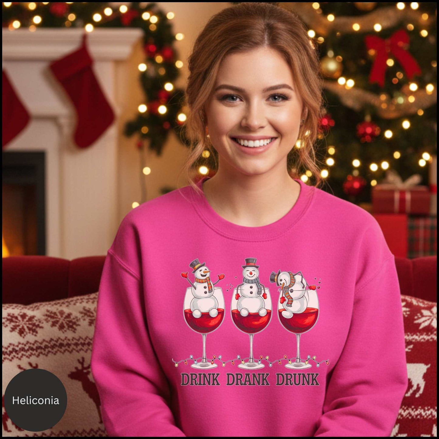 Drink Drank Drunk Christmas Sweatshirt — Snowman Wine Holiday Crewneck