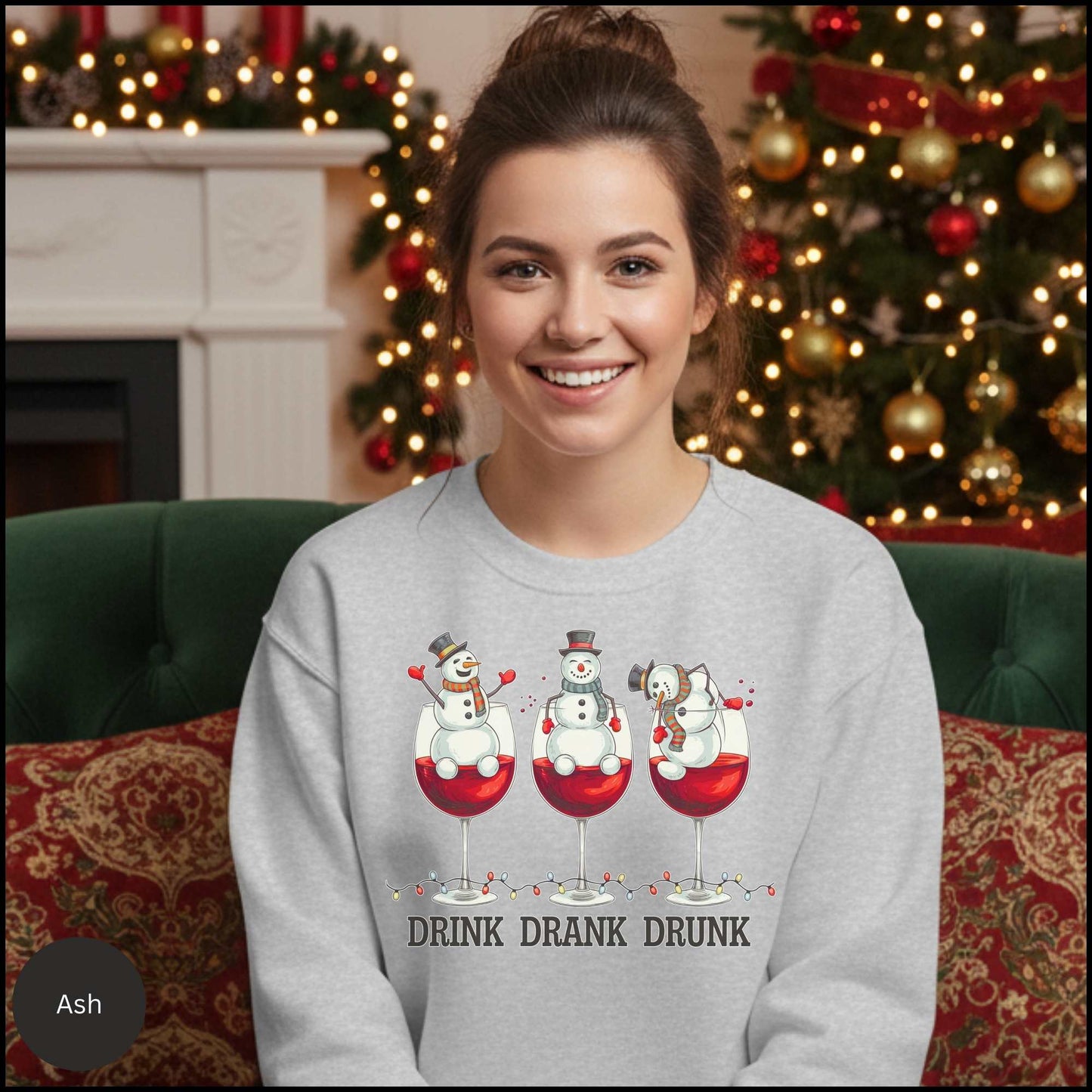 Drink Drank Drunk Christmas Sweatshirt — Snowman Wine Holiday Crewneck