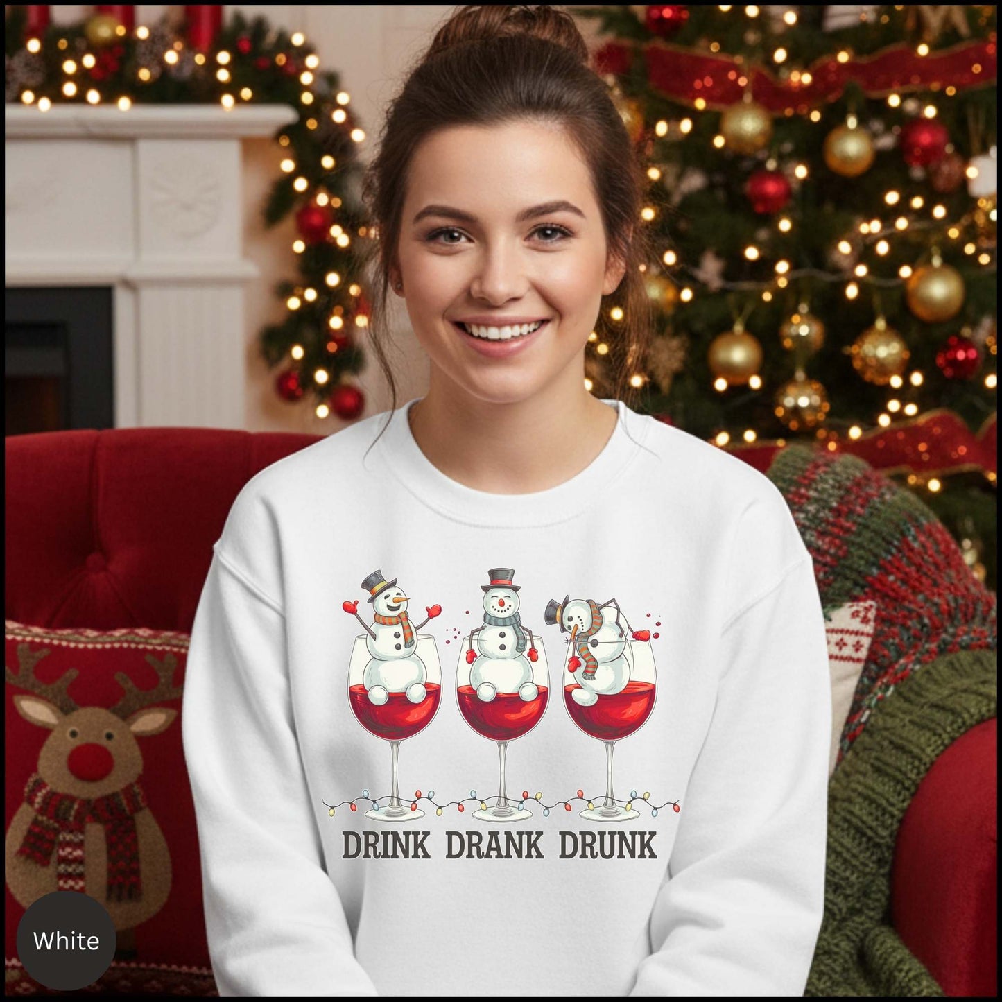 Drink Drank Drunk Christmas Sweatshirt — Snowman Wine Holiday Crewneck