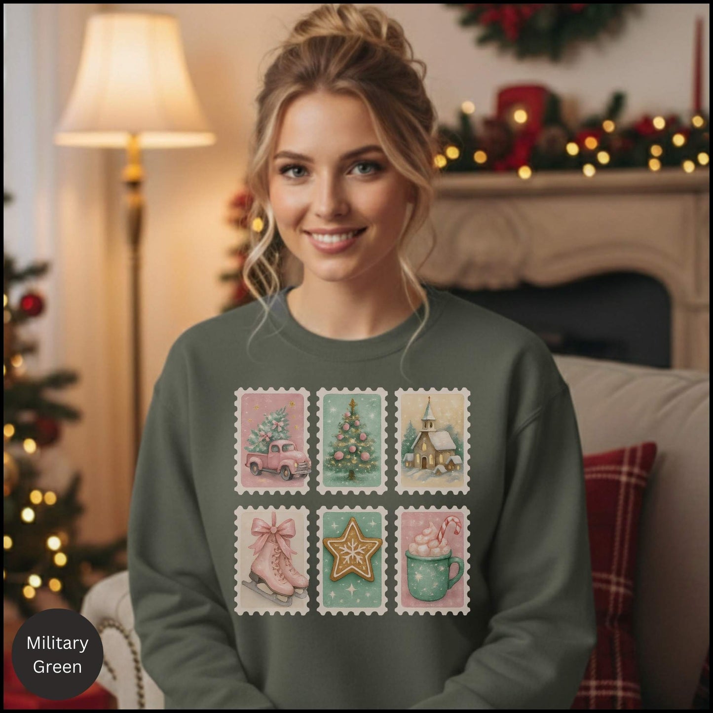 Pastel Christmas Postage Stamp Sweatshirt – Vintage Holiday Aesthetic | Cozy Winter Crewneck