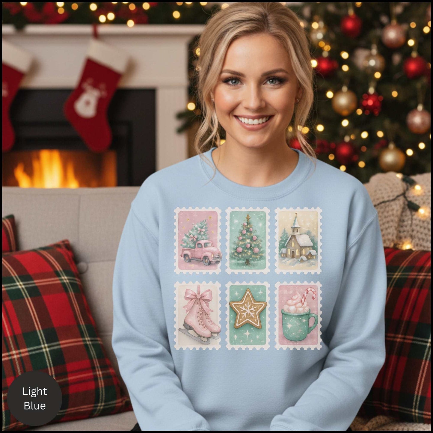 Pastel Christmas Postage Stamp Sweatshirt – Vintage Holiday Aesthetic | Cozy Winter Crewneck