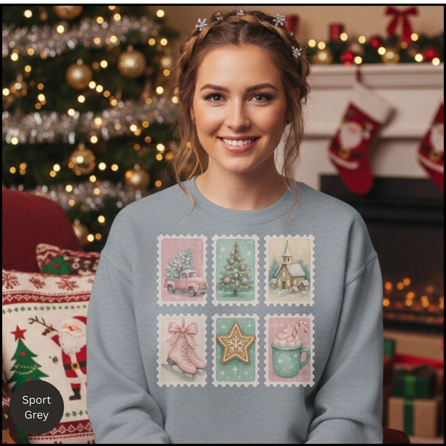 Pastel Christmas Postage Stamp Sweatshirt – Vintage Holiday Aesthetic | Cozy Winter Crewneck