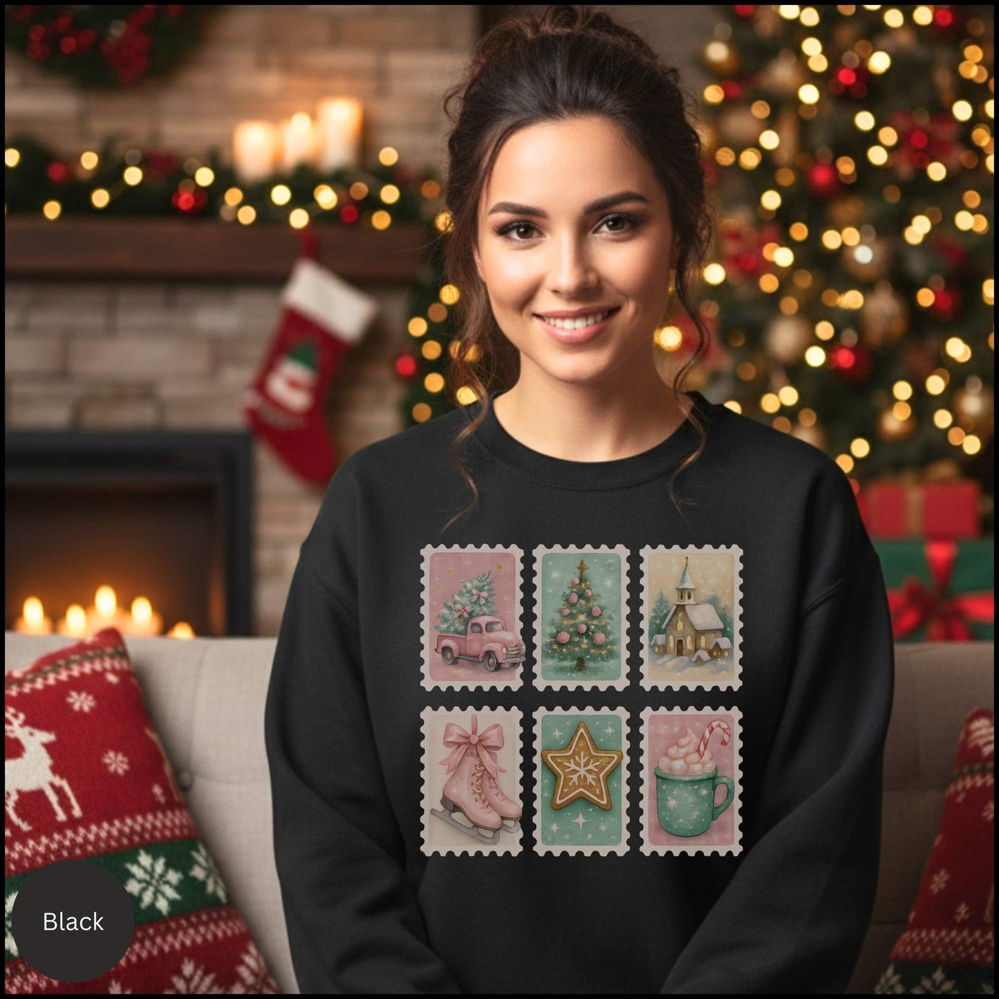 Pastel Christmas Postage Stamp Sweatshirt – Vintage Holiday Aesthetic | Cozy Winter Crewneck