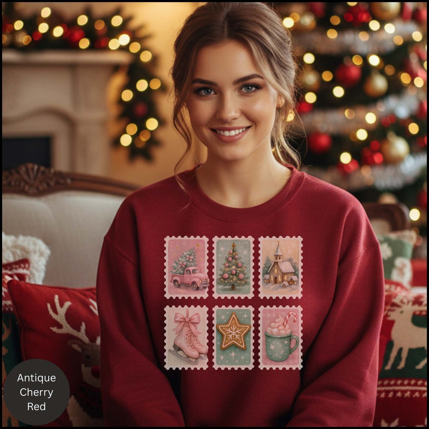 Pastel Christmas Postage Stamp Sweatshirt – Vintage Holiday Aesthetic | Cozy Winter Crewneck