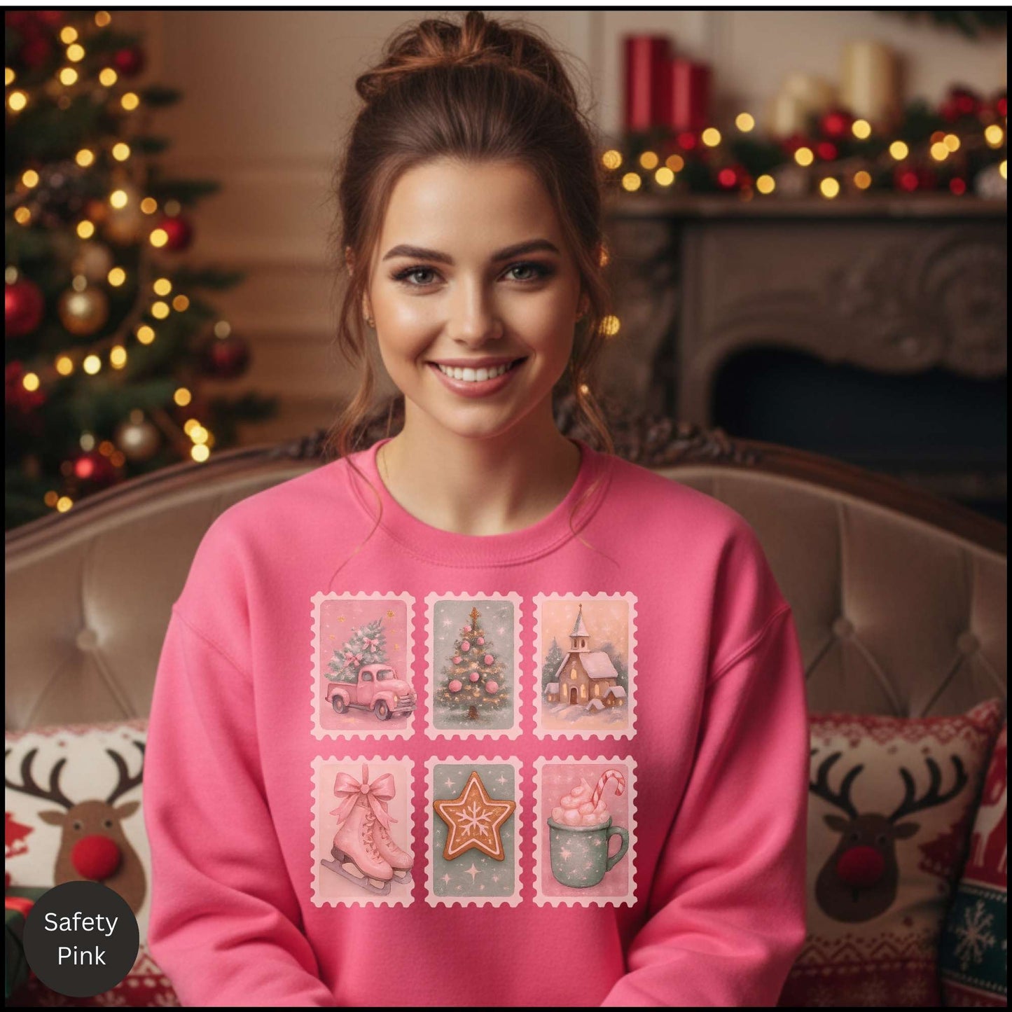 Pastel Christmas Postage Stamp Sweatshirt – Vintage Holiday Aesthetic | Cozy Winter Crewneck
