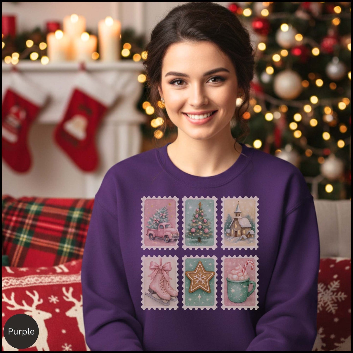 Pastel Christmas Postage Stamp Sweatshirt – Vintage Holiday Aesthetic | Cozy Winter Crewneck