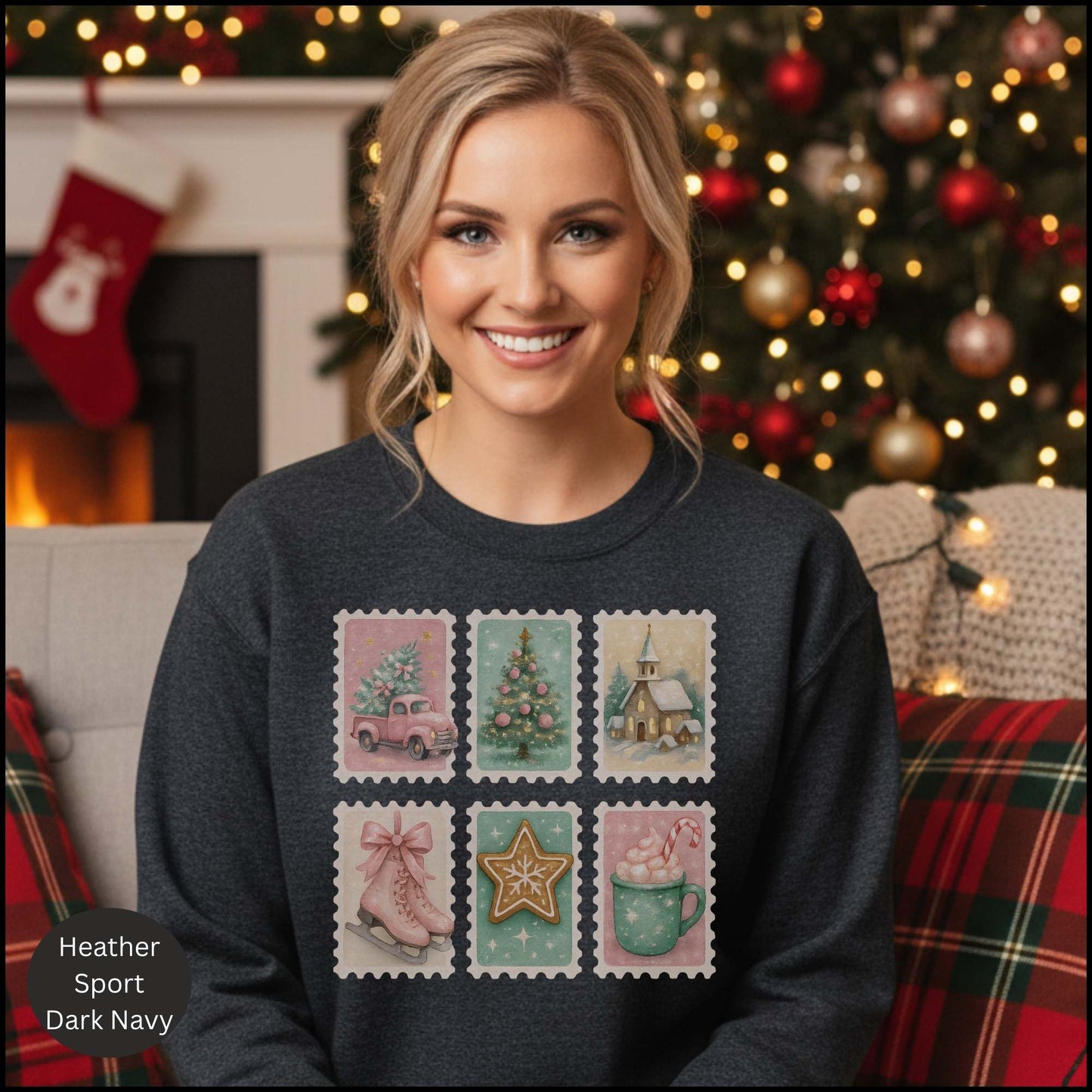 Pastel Christmas Postage Stamp Sweatshirt – Vintage Holiday Aesthetic | Cozy Winter Crewneck