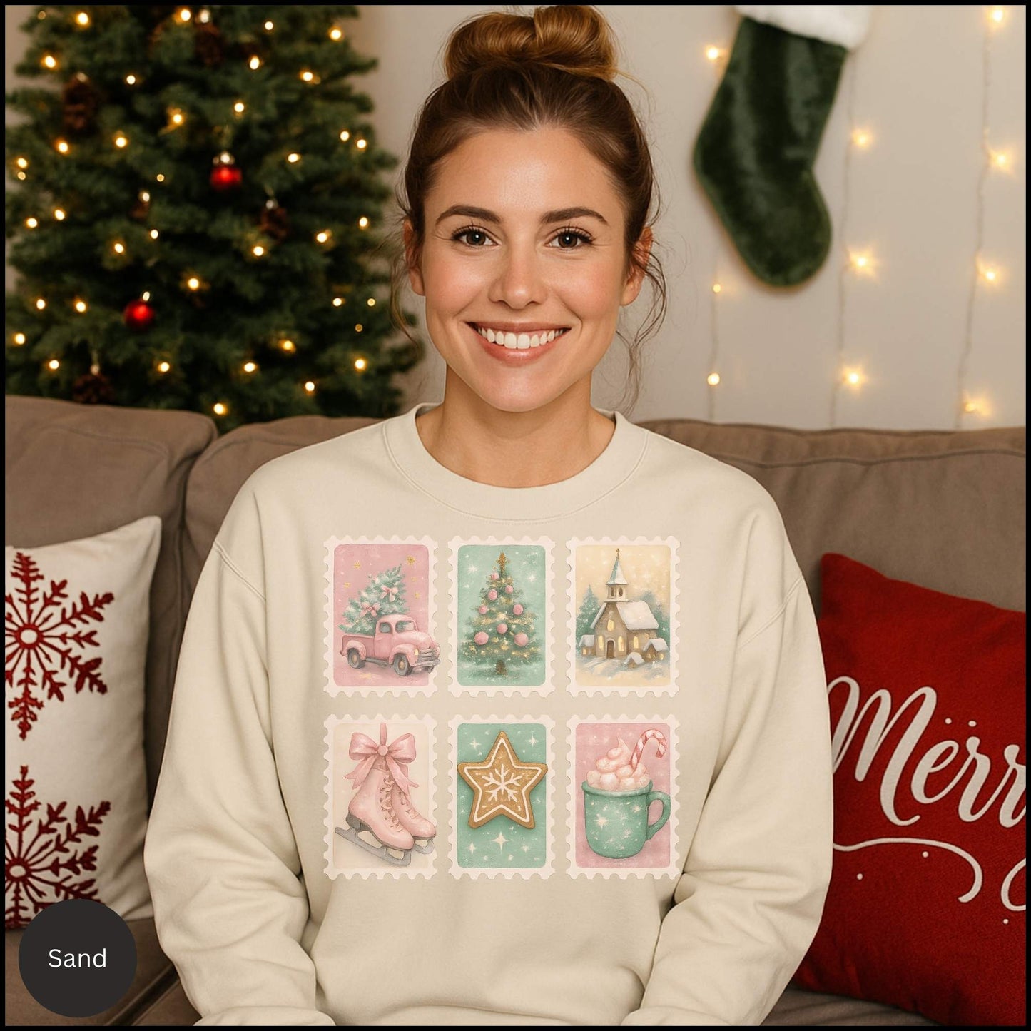 Pastel Christmas Postage Stamp Sweatshirt – Vintage Holiday Aesthetic | Cozy Winter Crewneck