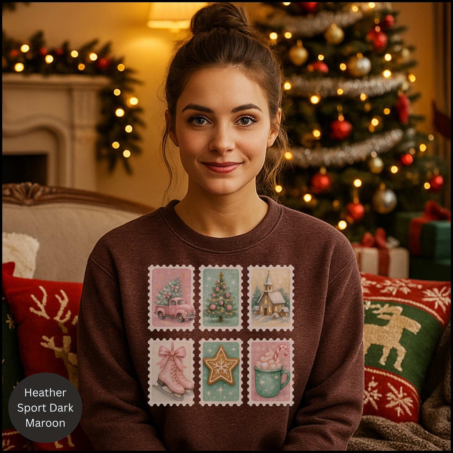 Pastel Christmas Postage Stamp Sweatshirt – Vintage Holiday Aesthetic | Cozy Winter Crewneck