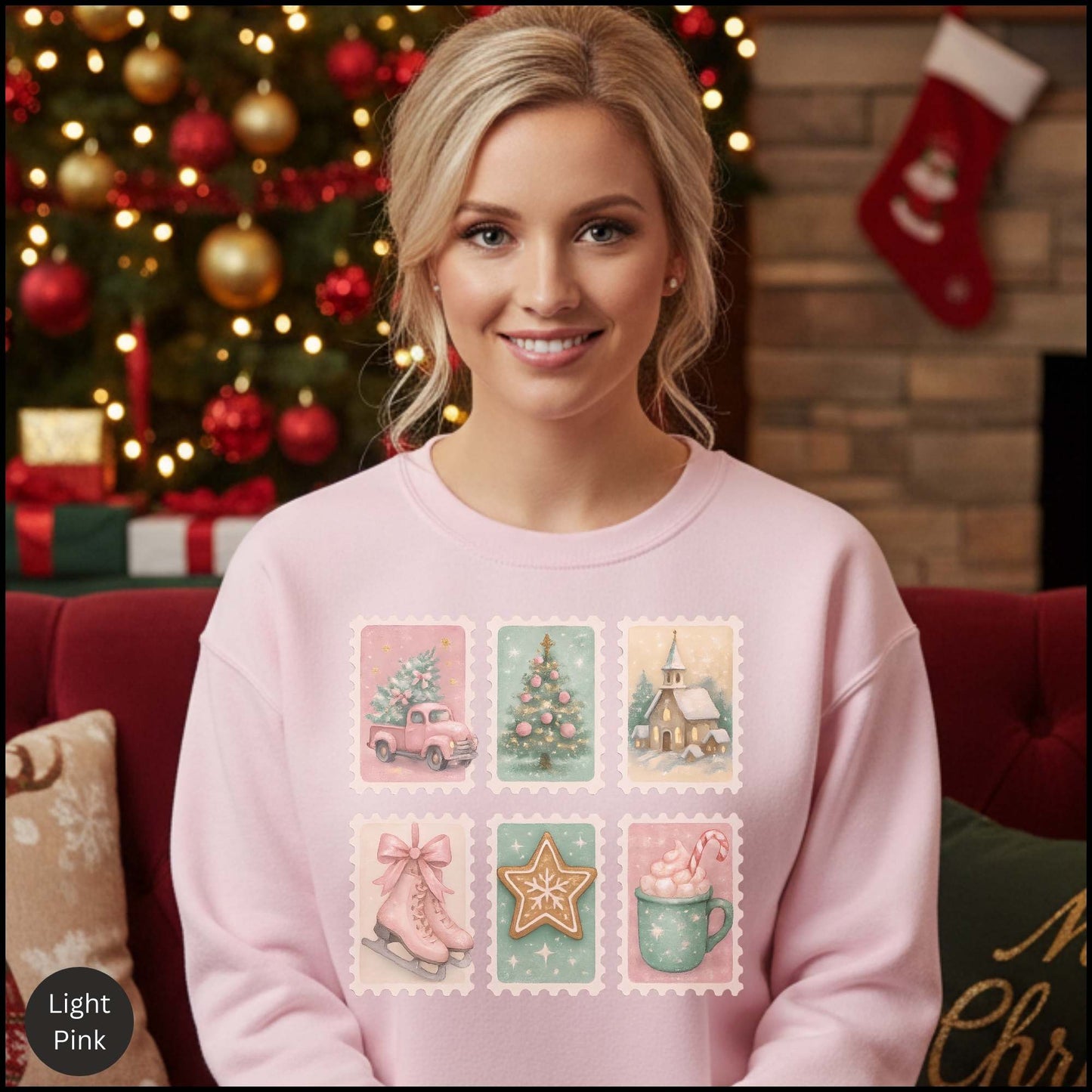 Pastel Christmas Postage Stamp Sweatshirt – Vintage Holiday Aesthetic | Cozy Winter Crewneck