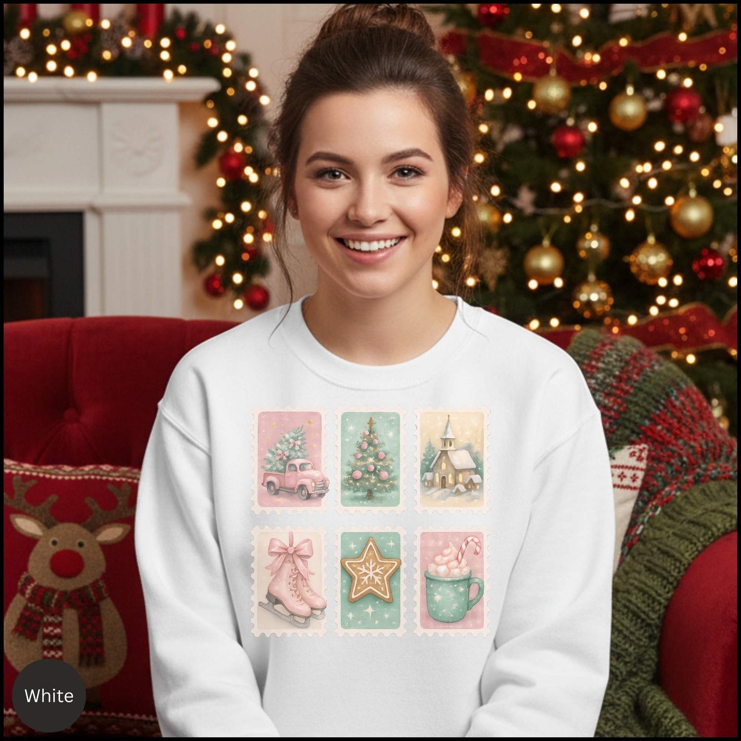 Pastel Christmas Postage Stamp Sweatshirt – Vintage Holiday Aesthetic | Cozy Winter Crewneck