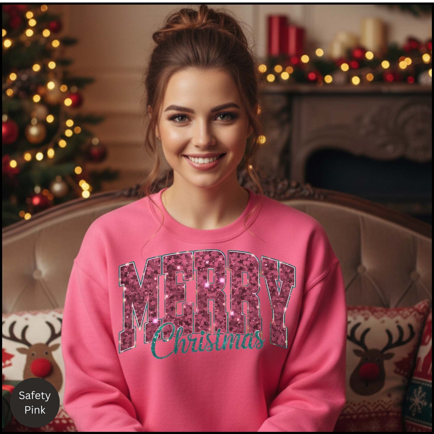 Bold Merry Christmas Sweatshirt – Retro Varsity Holiday Crewneck | Pink Pattern Letters