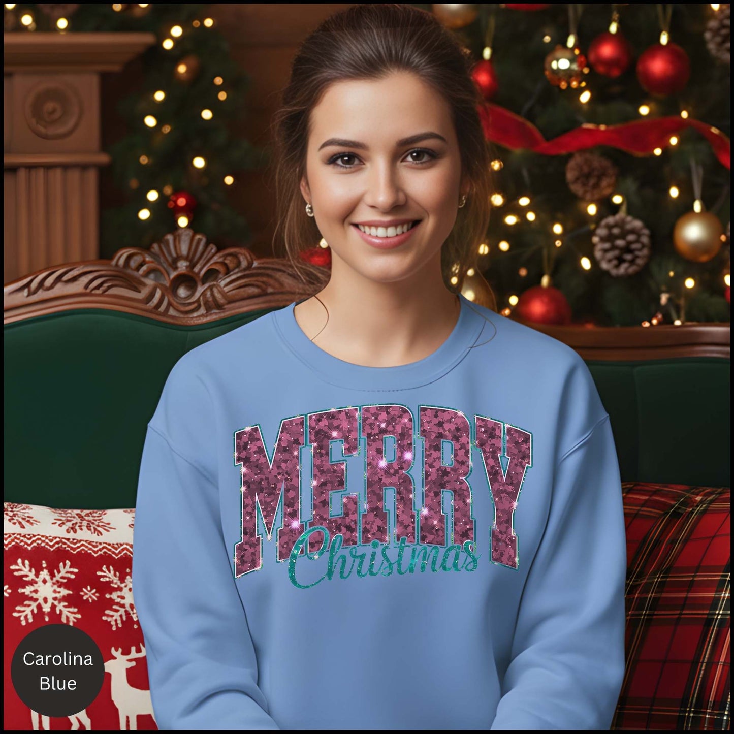 Bold Merry Christmas Sweatshirt – Retro Varsity Holiday Crewneck | Pink Pattern Letters