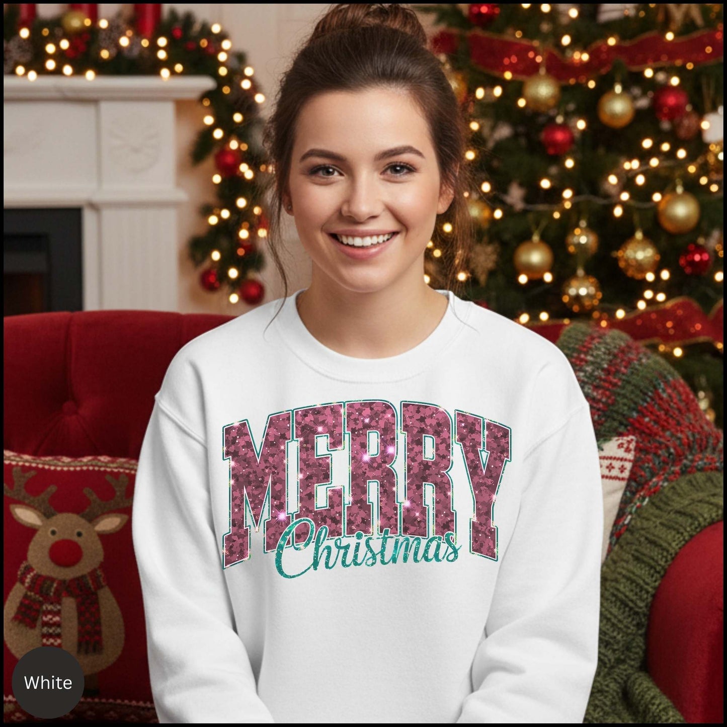 Bold Merry Christmas Sweatshirt – Retro Varsity Holiday Crewneck | Pink Pattern Letters