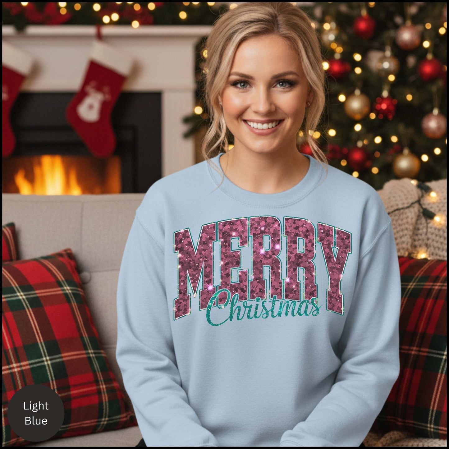 Bold Merry Christmas Sweatshirt – Retro Varsity Holiday Crewneck | Pink Pattern Letters